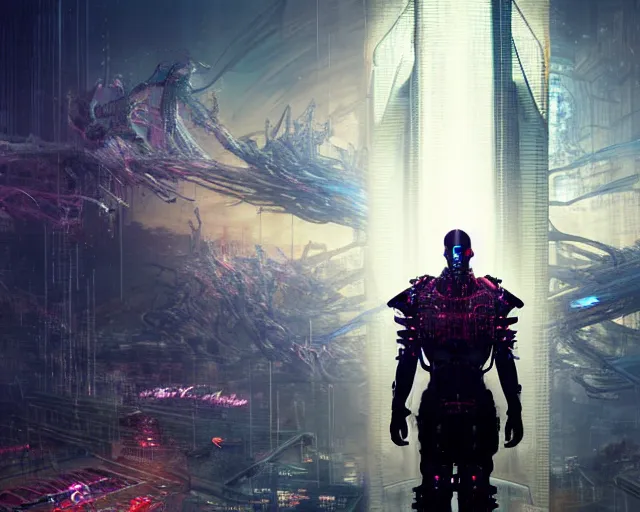 Prompt: cyberpunk Justin Sun as giant evil cyborg sentinel, epic action shot, hyper realistic 8k, highly detailed cinematic photography by Wayne Reynolds and Charles Monet and Gustave Dore and Carl Critchlow and Bram Sels