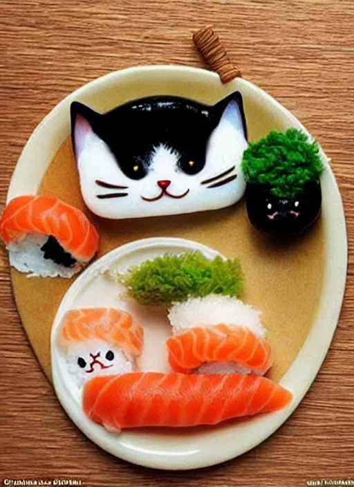 Image similar to clear photorealistic picture of adorable cats made out of sushi