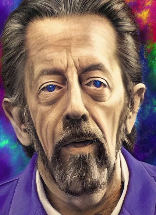 Prompt: alan watts in monk uniform falling across in the universe realism expressionism style digital painting highly detailed photorealistic, featured on artstation