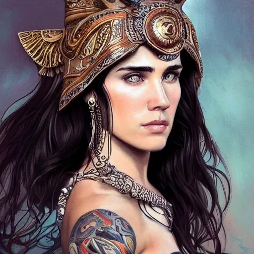 Image similar to an attractive young tattooed south female with piercings!!! wearing an lion helmet, jennifer connelly, olive skin, long dark hair, beautiful bone structure, intricate, elegant, highly detailed, digital painting, artstation, concept art, smooth, sharp focus, illustration, art by artgerm and greg rutkowski and alphonse mucha