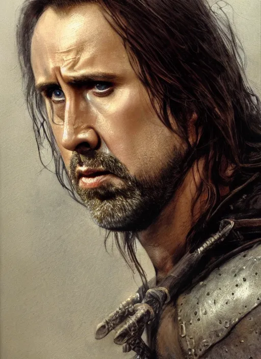 Image similar to portrait of nicolas cage as aragorn, action shot, strider, king elessar, by alan lee, lord of the rings, smooth, detailed terrain, oil painting, matte painting, concept art, trending on artstation, promotional artwork, film still, elegant, photorealistic facial features, intricate, detailed face, cinematic lighting