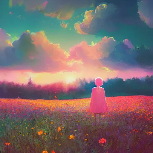 Image similar to girl with a flower face, surreal photography, dream, standing in flower field, in a valley, sunrise dramatic light, impressionist painting, colorful clouds, artstation, simon stalenhag