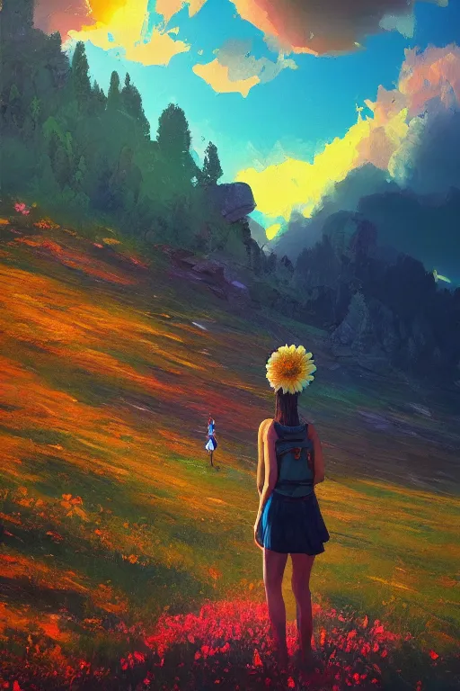 Image similar to giant daisy flower head, girl hiking in the mountains, surreal photography, sunrise, dramatic light, impressionist painting, colorful clouds, digital painting, artstation, simon stalenhag