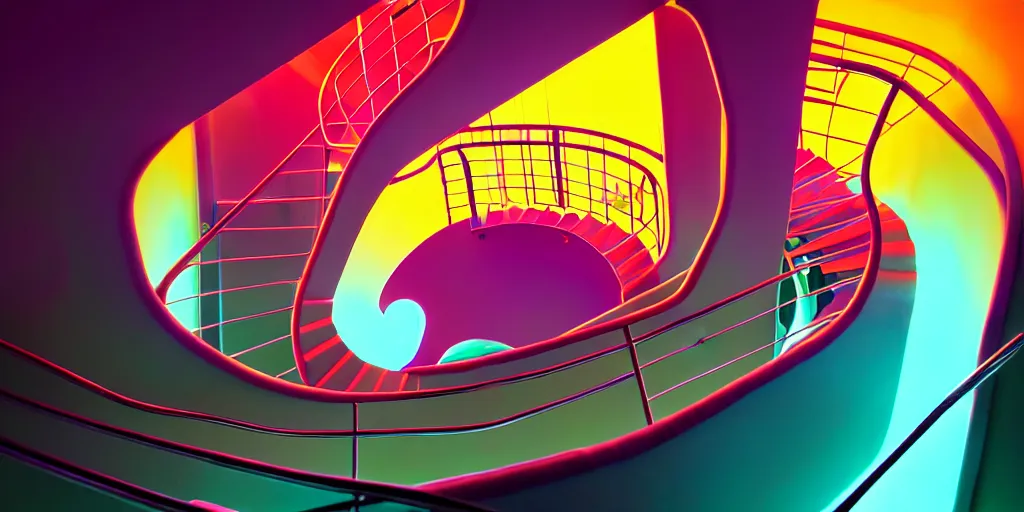 Image similar to spiral lines, minimalistic, extreme wide angle, curved perspective, digital art, subsurface scattering, indoor casino staircase, by anton fadeev, lorax movie, cotton candy smoke, artstation, neon lights