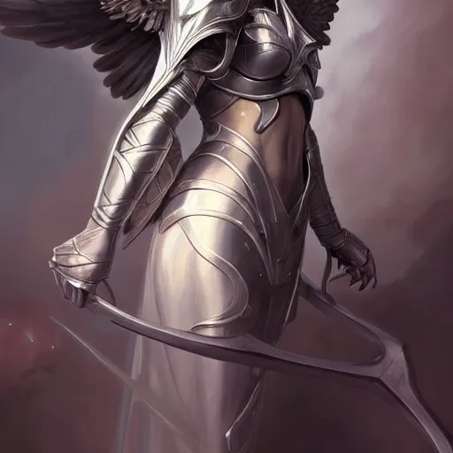 Prompt: powerful fantasy story girl with gray skin and dark gray hair and large black angel wings and armor, vivid colors, intricate, elegant, highly detailed, digital painting, artstation, concept art, smooth, sharp focus, illustration, art by artgerm and greg rutkowski and alphonse mucha and loish and wlop