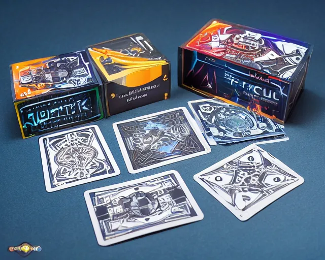 Image similar to futuristic nft card game, full - view, 2 d clean focus centered intricate detail, knolling, studio lighting