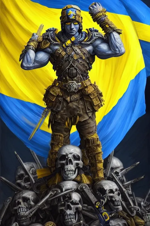 Image similar to a distant shot from behind of a Ukrainian super soldier with blue and yellow flag behind him standing alone on a huge pile of skulls as a winner, masculine muscular figure, D&D, fantasy, intricate, elegant, highly detailed, extremely detailed, digital painting, artstation, concept art, matte, sharp focus, symmetrical, illustration, art by Artgerm and Greg Rutkowski and Alphonse Mucha