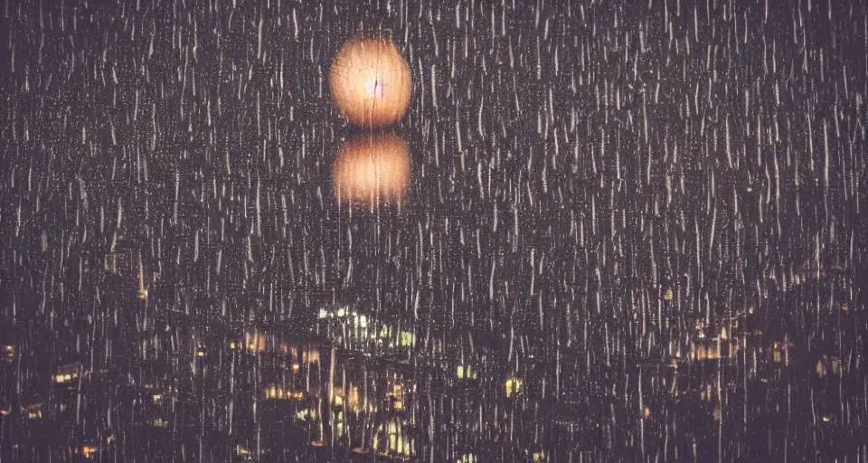 Prompt: professional photograph of a massive Onion hovering above a city in the rain, reflective streets, bokeh, award winning, unsplash,