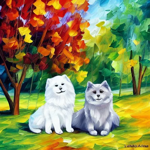 Prompt: a samoyed dog sitting next to a grey scottish fold cat in the middle of sunny meadow, by leonid afremov