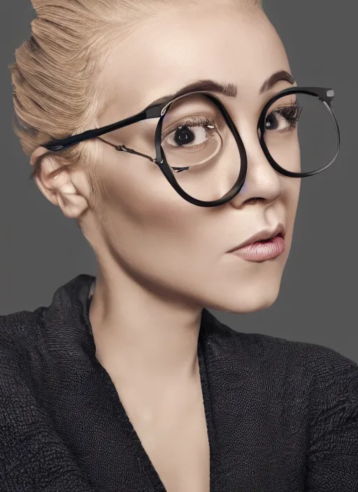 Image similar to a french woman with blonde hair tied in a strict bun, spectacles, lots of makeup, rich, character portrait, digital art, high quality, 8 k, detailed, d & d character,