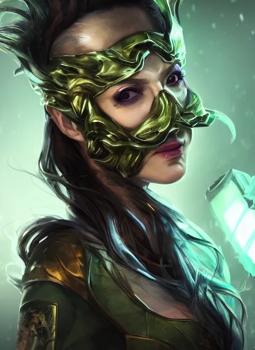 Image similar to renata glasc, from league of legends, chemical baroness wearing a toxic mask, au naturel, y siames, hyper detailed, digital art, trending in artstation, cinematic lighting, studio quality, smooth render, unreal engine 5 rendered, octane rendered, art style by klimt and nixeu and ian sprigger and wlop and krenz cushart