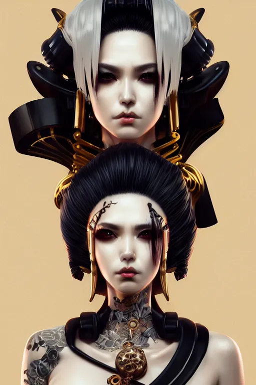 Image similar to soft lustrous ivory ebony geisha yakuza raver gutter punk gothic biotech steampunk cyborg, golden ratio, details, scifi, fantasy, cyberpunk, intricate, decadent, highly detailed, digital painting, octane render, artstation, concept art, smooth, sharp focus, illustration, art by artgerm, loish, wlop