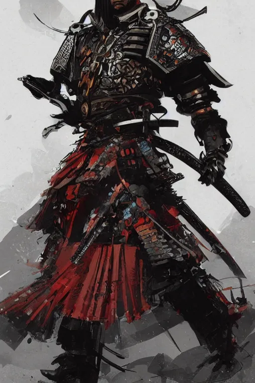 Image similar to an epic concept art of a samurai by the artist Arthur Gimaldinov Rendering a cyberpunk samurai, full of details, by Evan Lee and Jason Nguyen , art book, trending on artstation