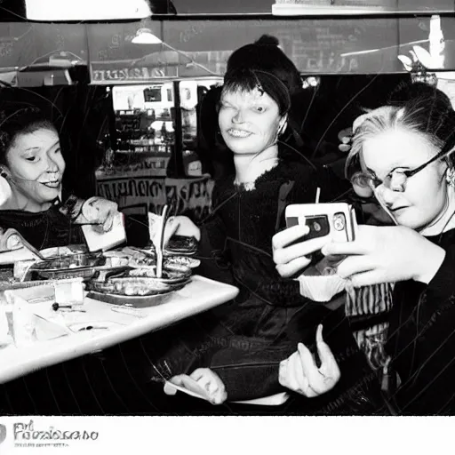 Prompt: a old fast food in usa, people inside eating meals, midnight, selfie from