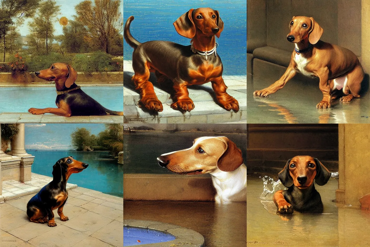Prompt: dachshund looking into a pool of water by Eugene de Blaas