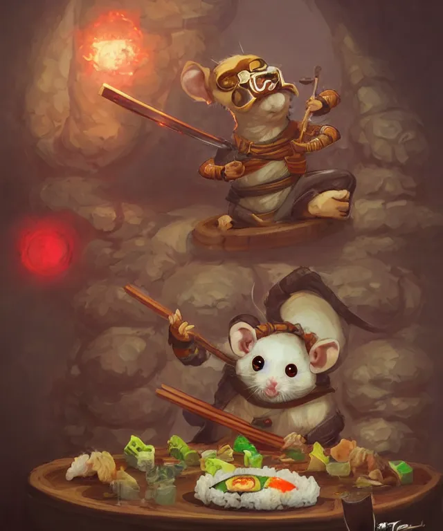Prompt: anthropomorphic hamster ninja eating sushi, ninja outfit, standing in a buddhist temple, cute and adorable, dnd character art portrait, well rendered matte fantasy painting, deviantart artstation, by jason felix by steve argyle by tyler jacobson by peter mohrbacher, cinematic lighting