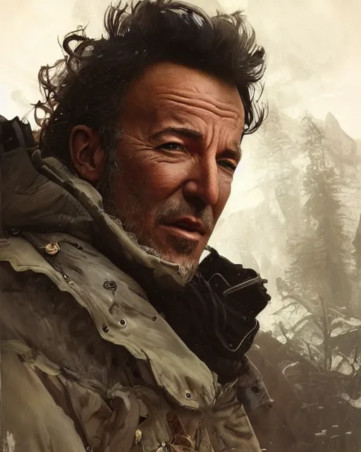 Image similar to A full portrait of Bruce Springsteen as a handsome post apocalyptic nordic explorer, intricate, elegant, highly detailed, digital painting, artstation, concept art, smooth, sharp focus, illustration, art by Krenz Cushart and Artem Demura and alphonse mucha