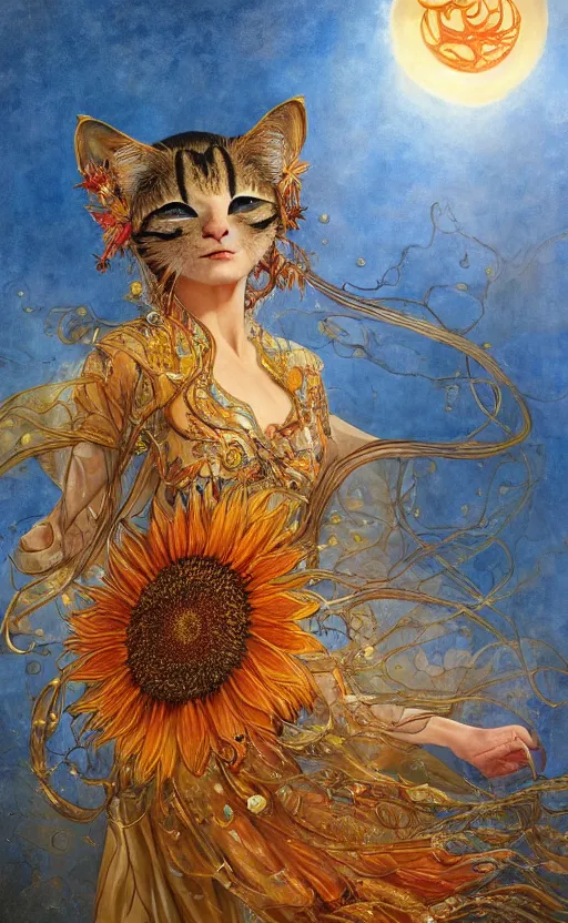 Image similar to a china cat sunflower walking proudly jingling in the midnight sun with a bodhi that drips a silver kimono Like a crazy quilt star gown through a dream night wind, intricate and complexly detailed oil painting, by Karol Bak and Tony Diterlizzi, influenced by Artgerm, golden hour scene, multi-dimensional, 8k, octane rendering,