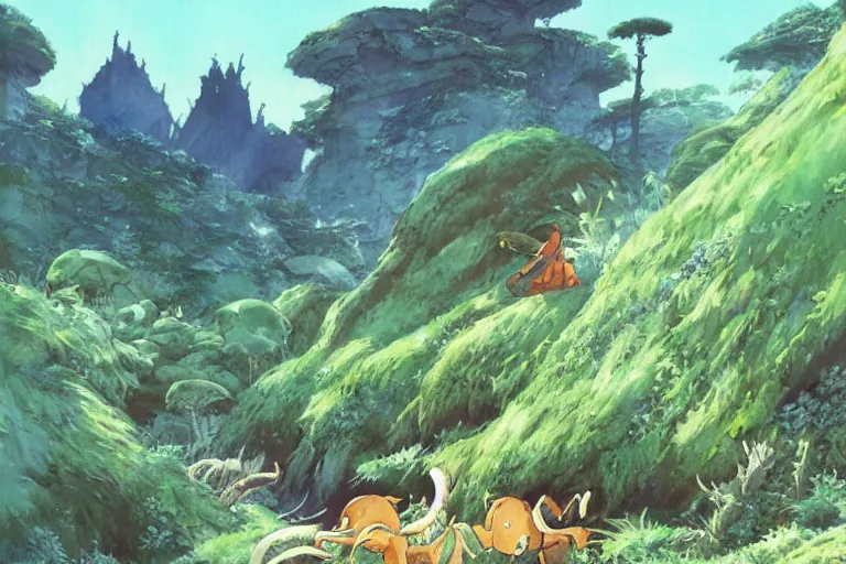 Prompt: land overtaken by nature, nausicaa, painting, giant fantasy animals, watercolor, concept art, studio ghibli, by hayao miyazaki