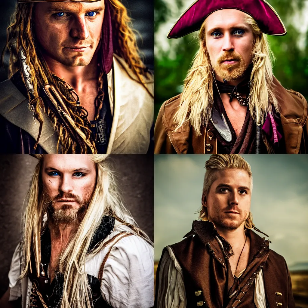Prompt: portrait photo of a blonde irish pirate, clean shaven, cinematic shot, sigma lens
