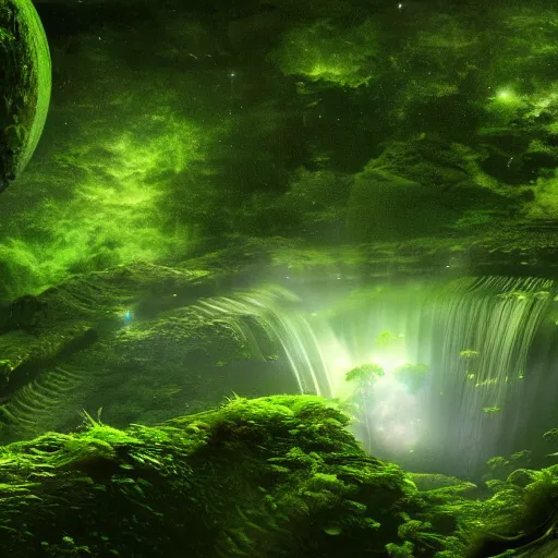 Image similar to spaceship flying in the atmosphere of a planet, lush green rainforest below, waterfalls, photo realistic, very detailed, 4k