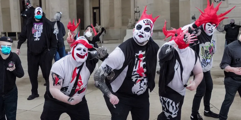 Prompt: cyclops Juggalo coneheads breaking into the capital building on january 6th 2021, detailed facial expressions