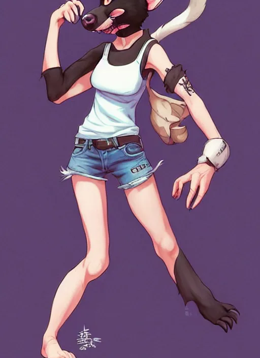 Image similar to character portrait of a female furry anthro opossum fursona wearing a tanktop and shorts with arm tattoos. Character design by charlie bowater, ross tran, artgerm, and makoto shinkai, detailed, inked, western comic book art