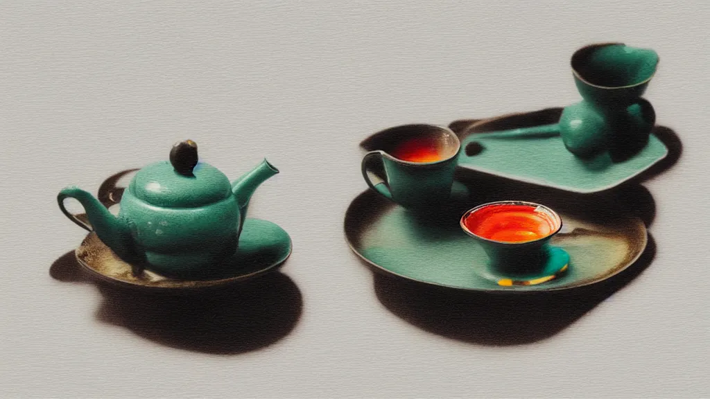 Image similar to a small tea setting, japan, a collage painting, in the style of wes anderson, lola dupre, david hockney, isolated on negative white space background dark monochrome neon fluorescent spraypaint accents volumetric octane render