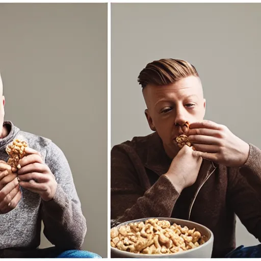 Image similar to macklemore eating cereal at home, photography, depth of field, 7 0 mm lens, studio lighting,