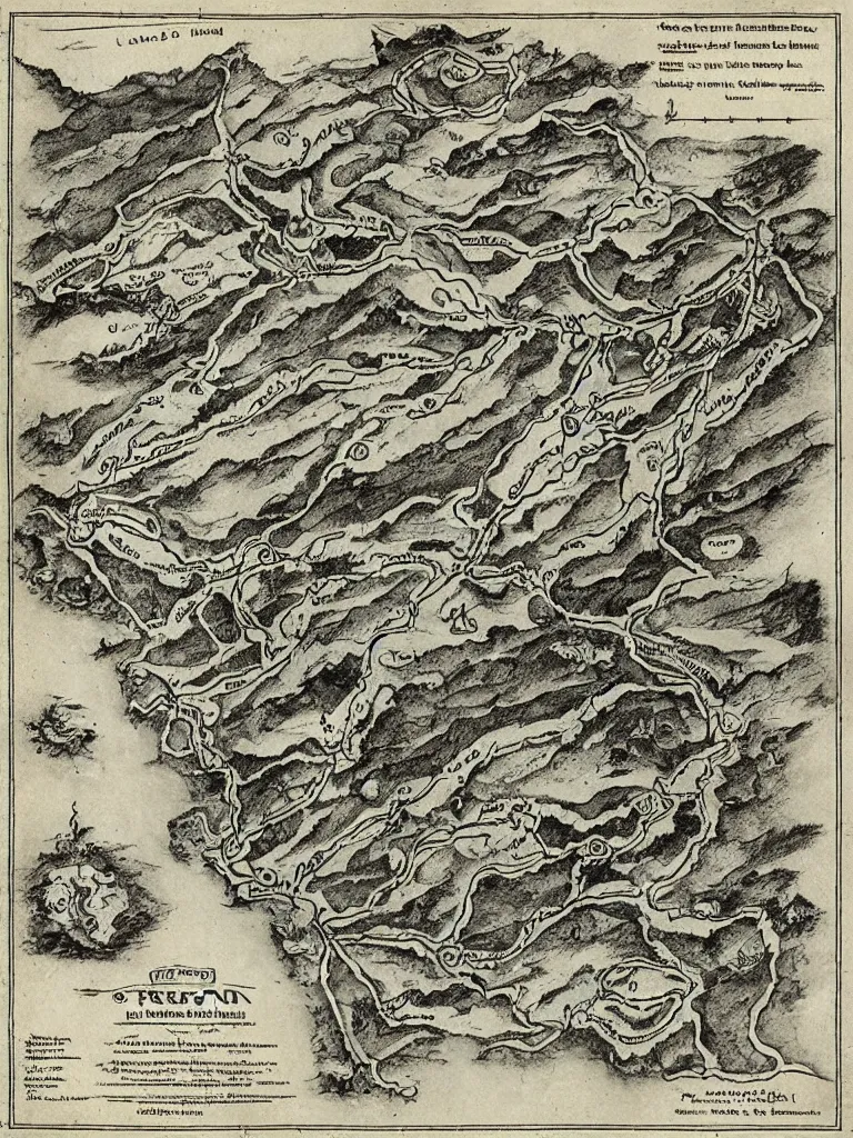 Prompt: old fantasy map of a frozen region with a abandoned mine drawn by j. r. r. tolkien