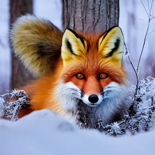 Prompt: very fluffy fox, forest, snowy, photo