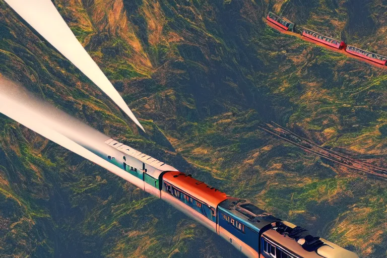 Prompt: a stunning aerial shot of beautiful mountains towering over a vast landscape, with a train from the 8 0 s tearing through the fabric of the universe, digital art, realistic, 4 k wallpaper