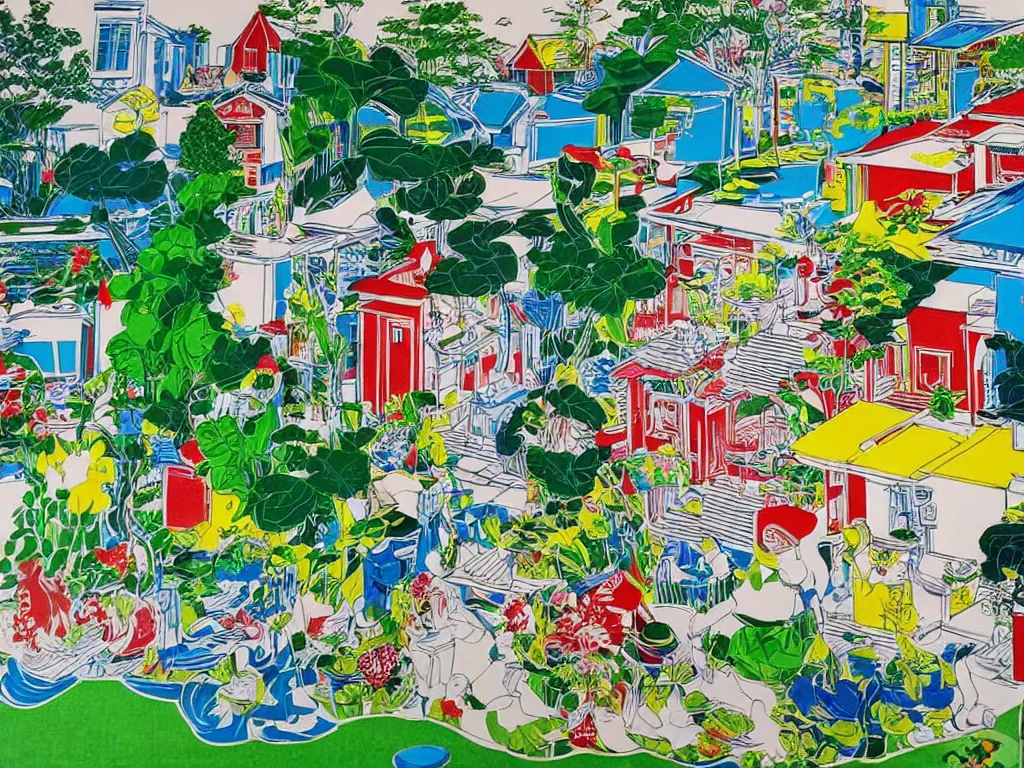 Image similar to close - up image of a house with a garden, a pond in the garden, startroopers are sitting around it, a combination of pop art and traditional japanese painting styles, the style of andy warhol, roy lichtenstein and jackie tsai, bright palette, acrylic on canvas