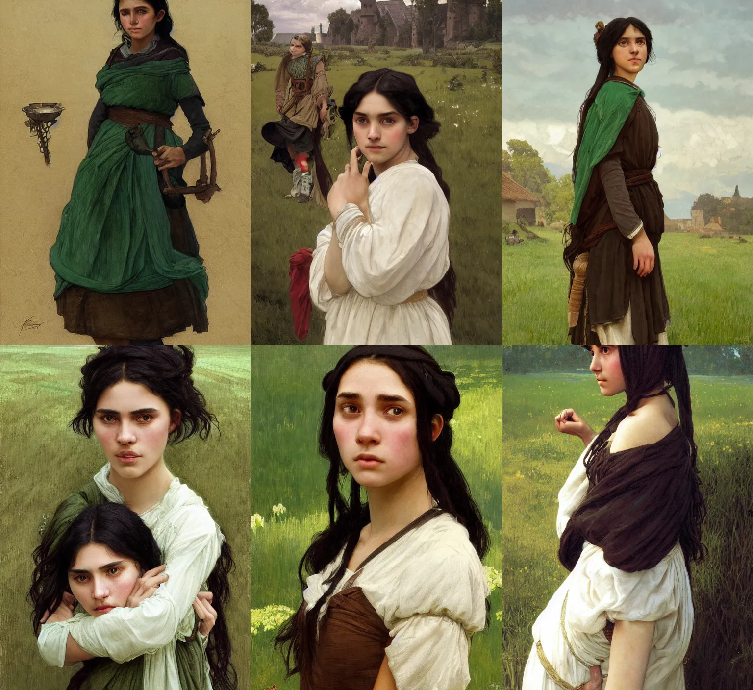 Prompt: medium-length portrait of a 17-year-old female peasant with shoulder-length black hair and brown eyes, white skin, confused expression, green clothing, medieval setting, highly detailed, digital painting, artstation, concept art, sharp focus, illustration, art by greg rutkowski and alphonse mucha