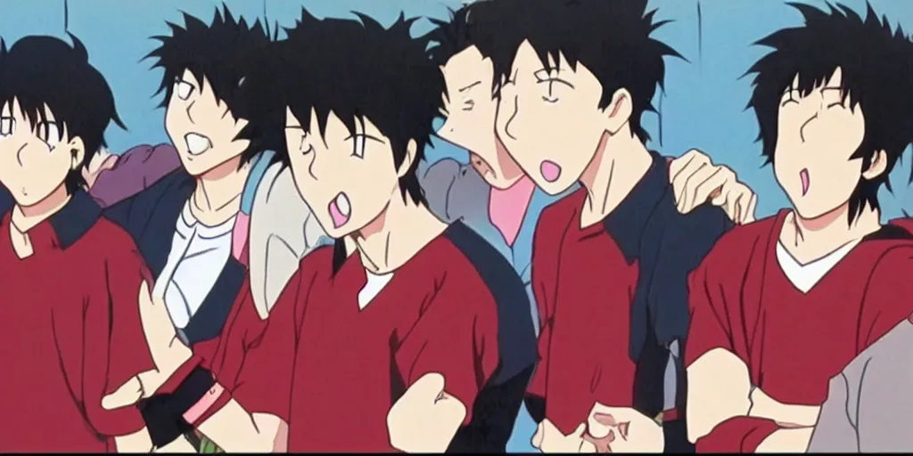 Image similar to a stil of a 90s OVA showing a man with a black hair wearing a red shirt screaming in a school