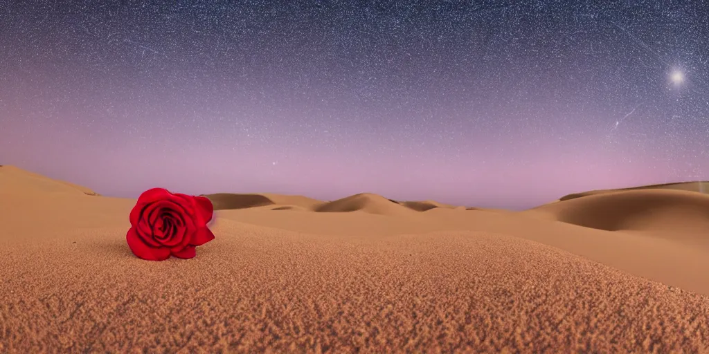 Image similar to a single red rose is growing in the middle of the desert. beautiful starry sky and sand dunes can be seen in the background. wide angle shot, 4 k, golden hour.