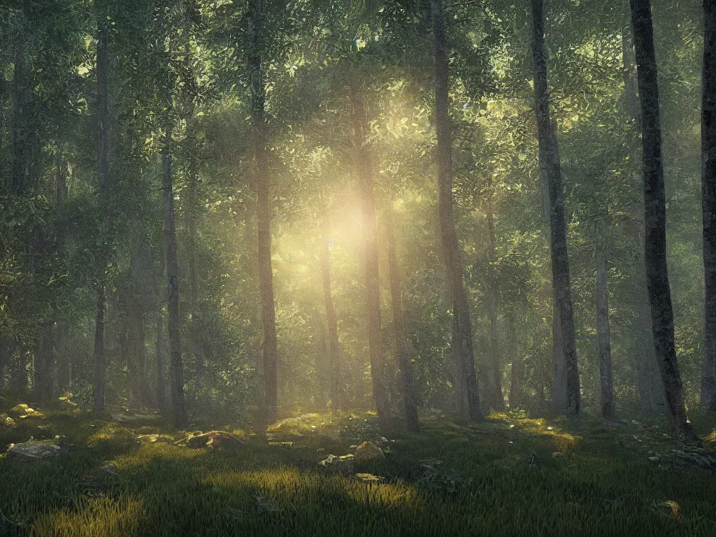 Image similar to A beautiful hyper realistic detailed photo of the forest with high trees and bushes of blueberry, dynamic lighting, cinematic lighting, lit by morning light, unreal engine, high detailed, featured on artstation