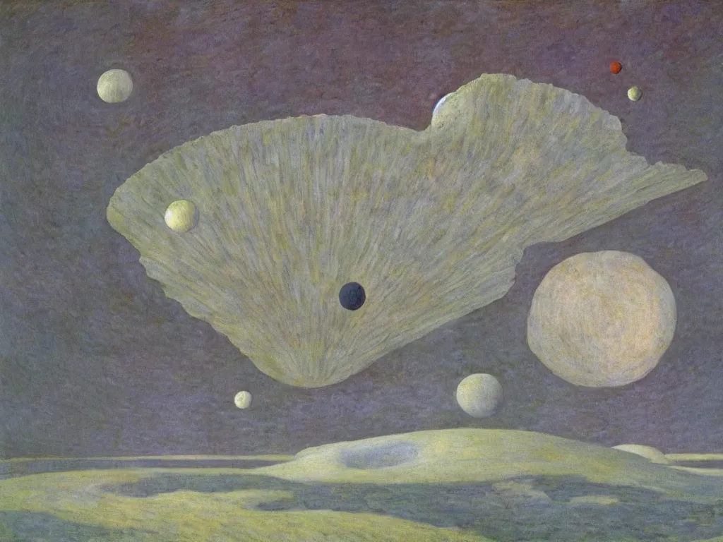 Image similar to white dream bot mothership crashed in the crater of pelt and carbon. painting by monet, piero della francesca, agnes pelton, rene magritte, moebius