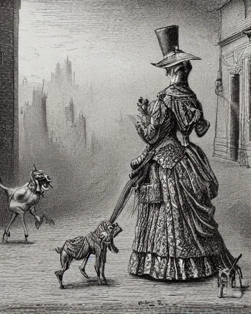 Prompt: a victorian robot walking a dog in the city by gustav dore, hyperdetailed pencil drawing