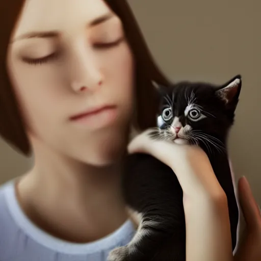 Prompt: photo of a woman cuddling a kitten in her arms, 4k, highly detailed, trending on artstation