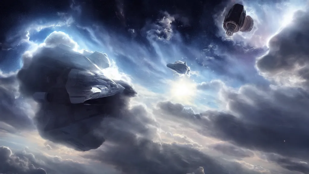 Image similar to space ship bursting through the clouds, dramatic cinematic action shot, matte painting, concept art, realistic, fluffy clouds, sci fi, space craft, 8k