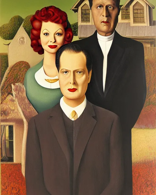 Image similar to painting of lucille ball and ricky ricardo as the couple in American Gothic by Grant Wood