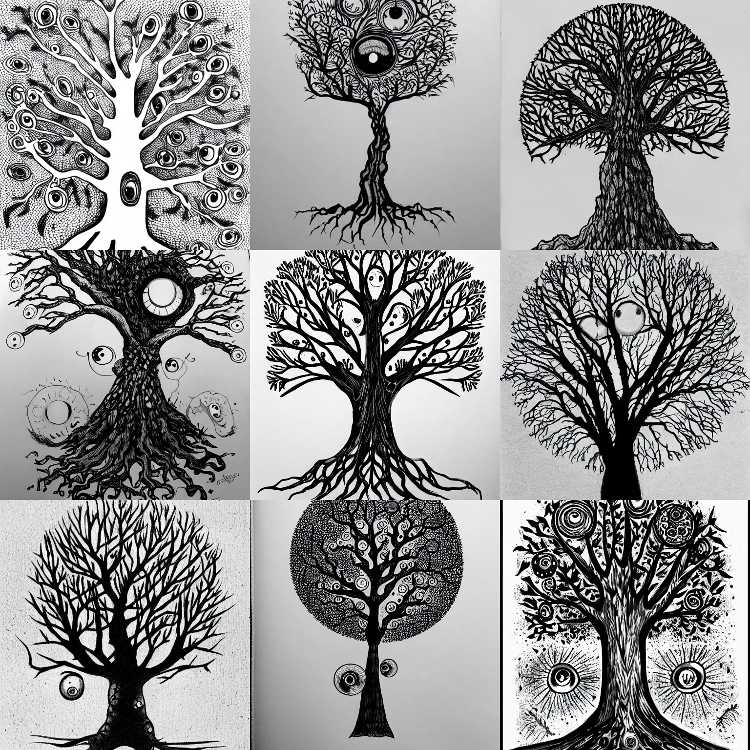 Prompt: ink drawing of a tree with eyeballs, pixiv, trending on artstation, professional, high quality intricate art