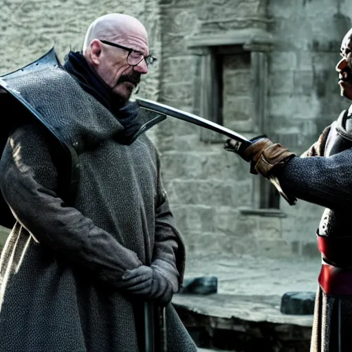 Prompt: walter white and gustavo fring dress like a knights from game of thrones, dueling with swords, cinematic, highly - detailed, 8 k, hbo, game of thrones, realistic