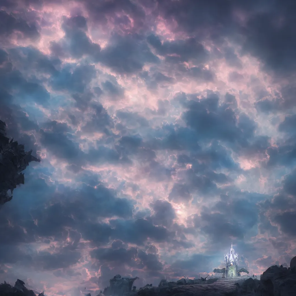 Image similar to fantasy in sky with air magic, at gentle dawn pink light, cinematic lighting, volumetric lighting, smooth, sharp focus, highly detailed, render in unreal engine 5, artstation, deviantart, behance, trending,, epic composition, hd, octane, unreal engine, volumetric lighting, light rays, masterpiece, award - winning