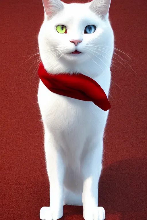 Image similar to a white cat with blue eyes wearing a red formal overcoat, hyperrealistic, concept art, octane render, unreal engine 5, realistic and defined face, profile picture, digital art, pixar and disney style, symmetrical, high quality, highly detailed, high coherence, path traced, house background, low contrast, beautiful, elegant clothes