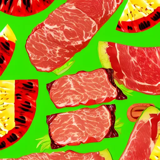 Image similar to meat made from pineapple, sausage and watermelon in digital art style, 8k, ps5