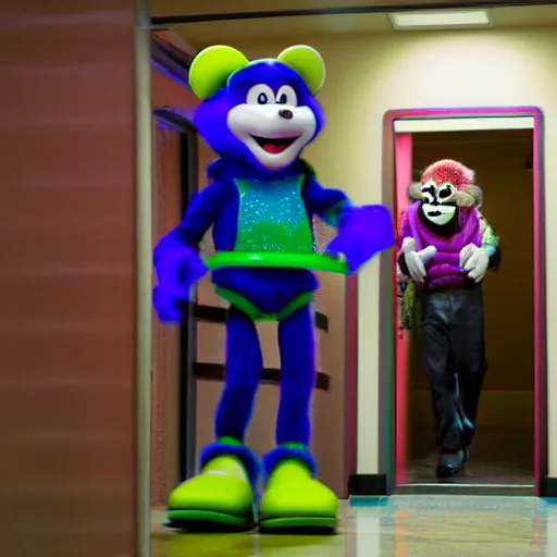 Image similar to movie still of chuck e cheese standing creepily in a empty hallway, dark energy, 4 k, directed by todd philips