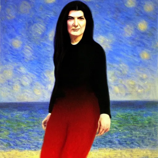 Prompt: marina abramovic : performance in 1 9 7 0 fire in sea, digital painting, ultradetailed, artstation, by monet