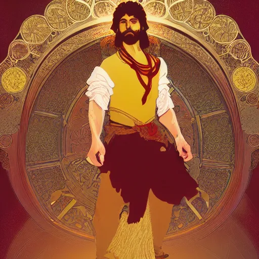 Image similar to an ultra detailed vector image of the prince of persia dressed as bob ross, concept art by alphonse mucha and greg rutkowski, bright red desert sands, bright yellow and red sun, octane render, praise the sun